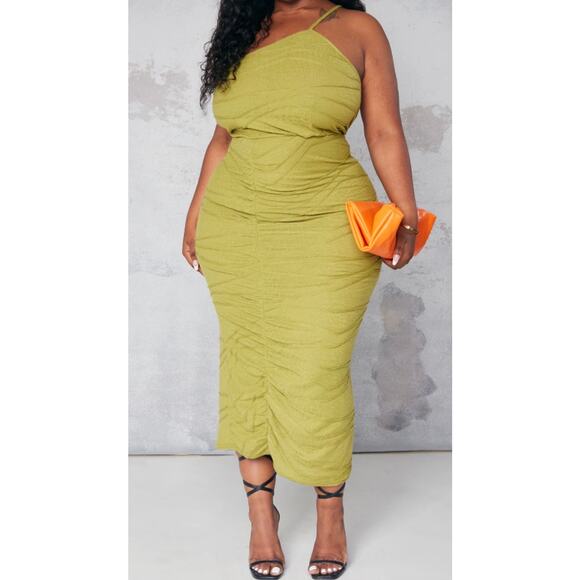 PrettyLittleThing Olive One-Shoulder Ruched Textured Midi Dress | Size 18 - Picture 1 of 9